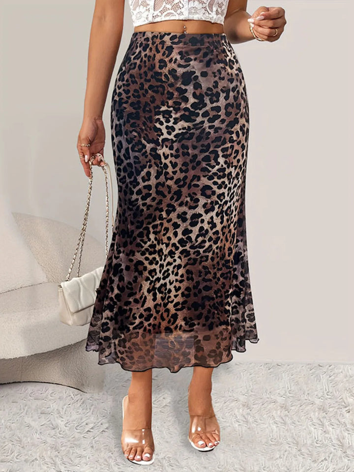 Leopard print mermaid midi skirt with ruffled hem