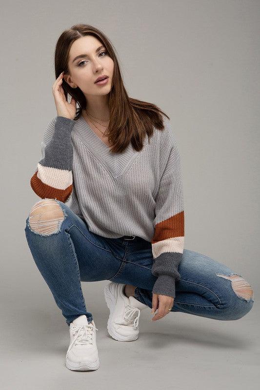Color Block Dropped Shoulder Sweater - Azoroh