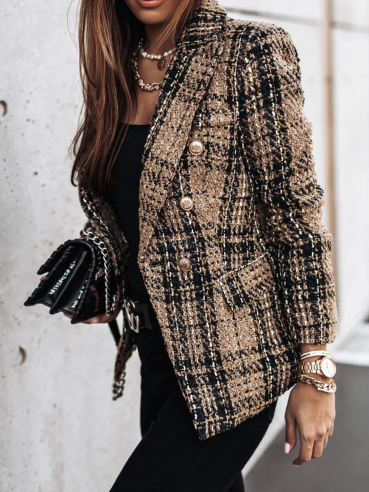 Plaid tweed double-breasted blazer with gold buttons