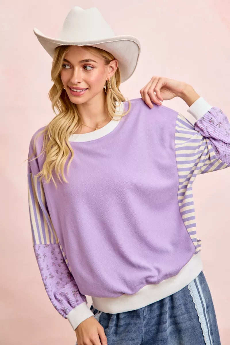 Mix-print waffle knit sweatshirt with striped and floral sleeves