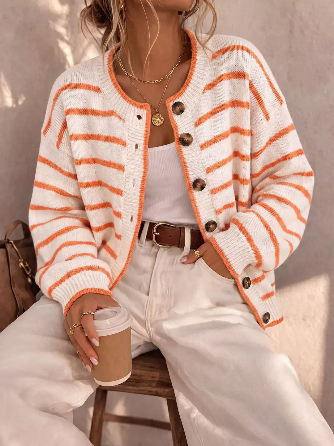 White Striped button-front knit cardigan with contrast trim