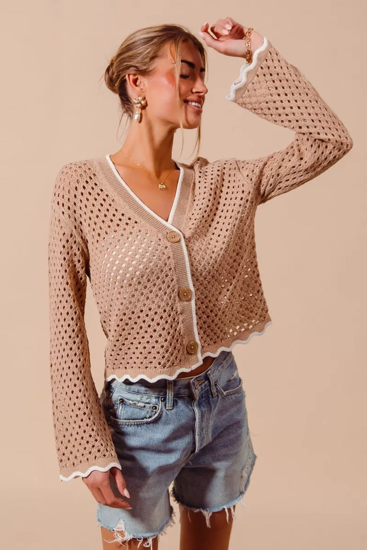 Open knit button-front cardigan with scallop contrast trim