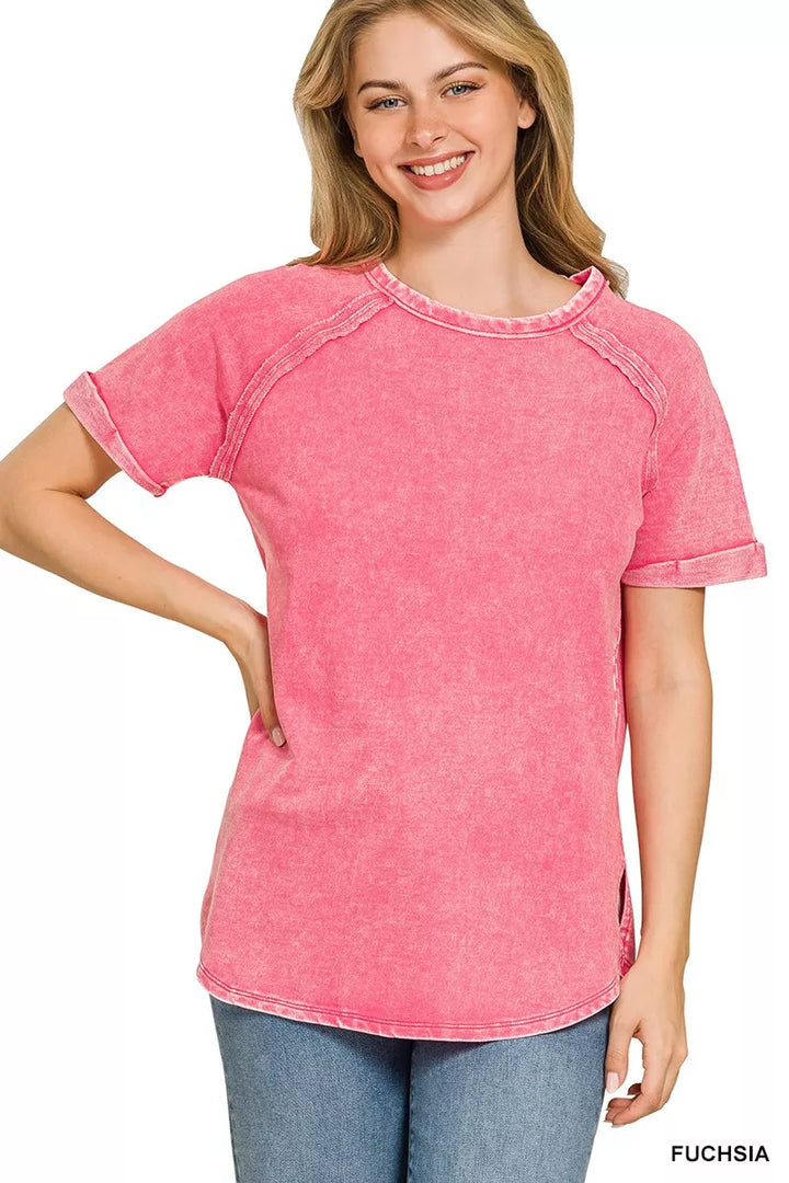 FUCHSIA Washed French terry curved hem top with cuffed sleeves