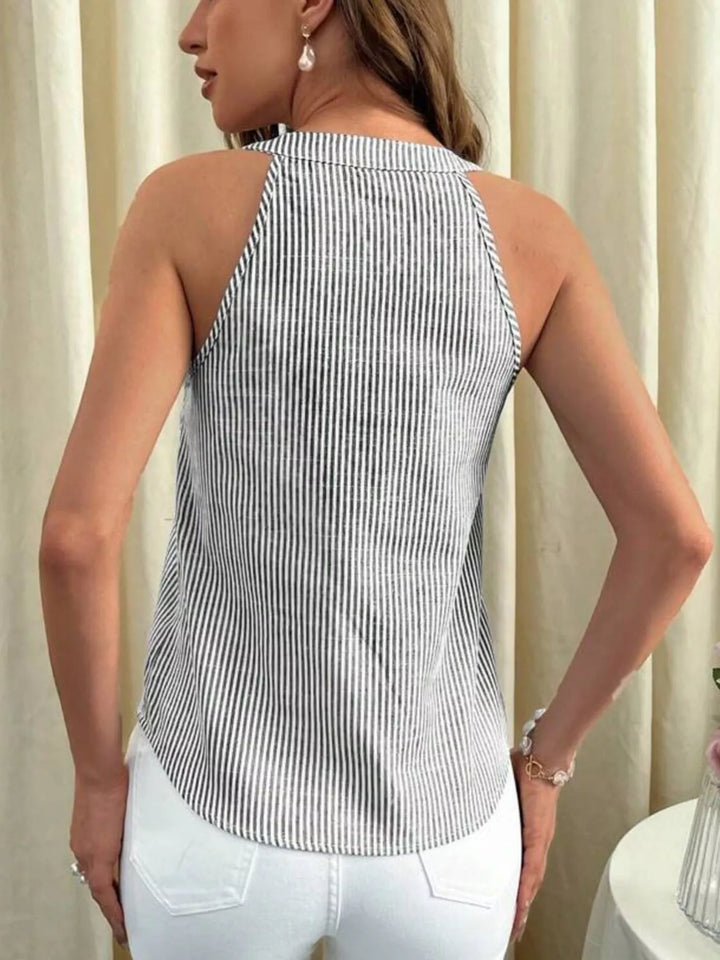 Striped sleeveless button-front tank with notch V-neck