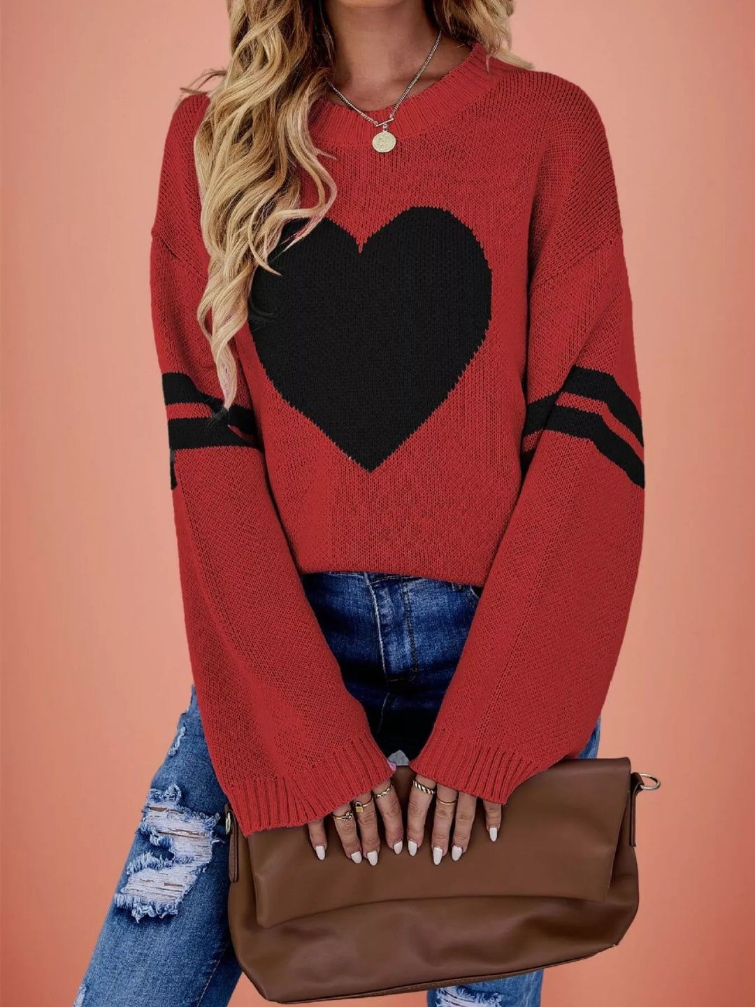 Red Heart intarsia drop shoulder sweater with varsity stripe sleeves