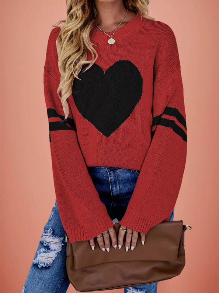 Red Heart intarsia drop shoulder sweater with varsity stripe sleeves