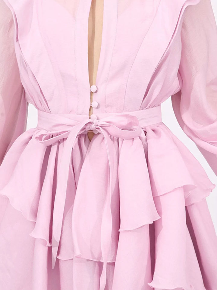 Tiered ruffle chiffon mini dress with puff sleeves