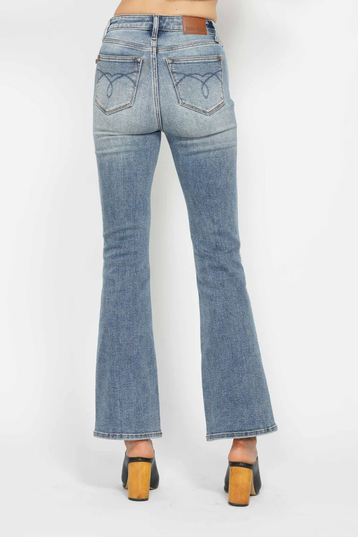 High-rise tummy control bootcut jeans with embroidered pockets