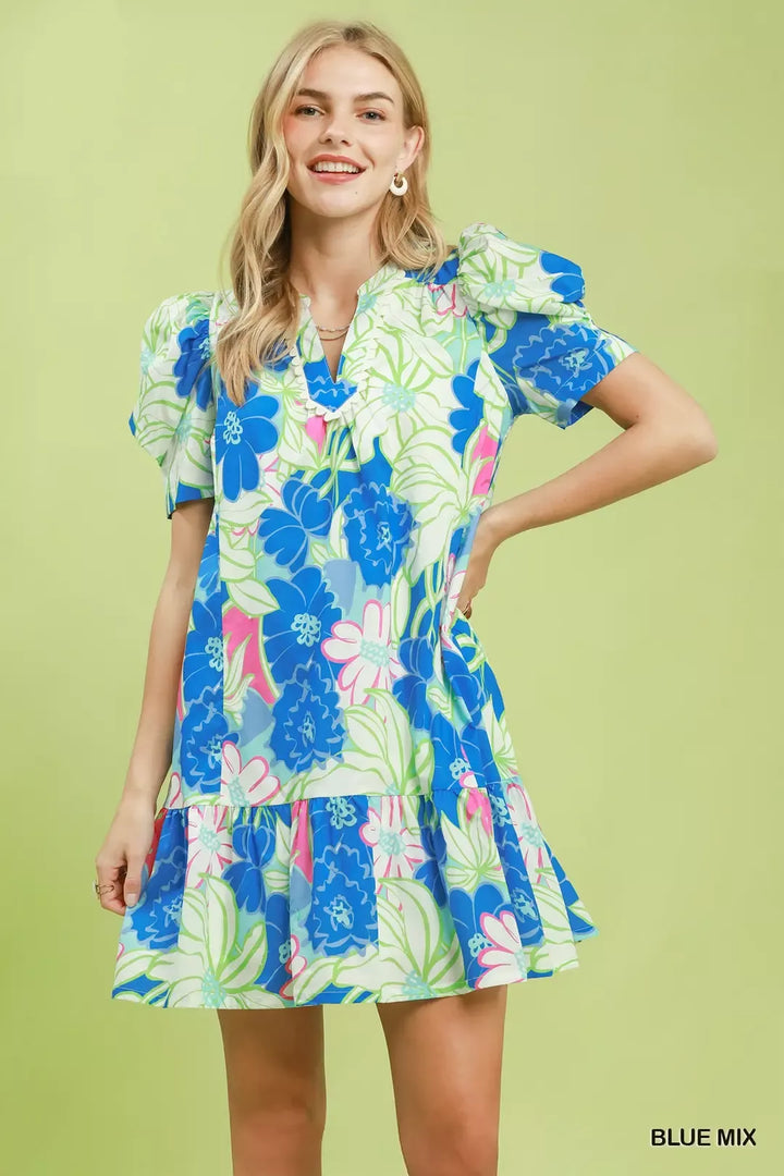 BLUE MIX Floral puff sleeve tiered mini dress with split neckline