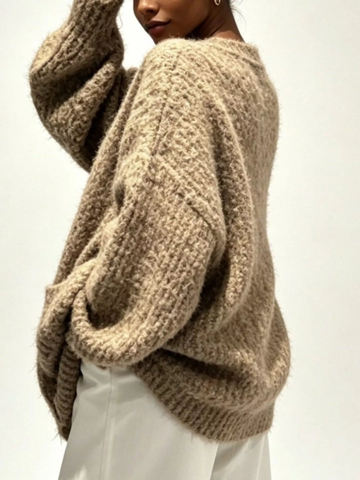 Fuzzy knit V-neck button-down cardigan with patch pockets