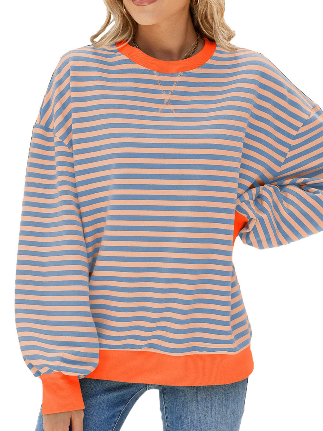 Pale Blush Striped crew neck sweatshirt with contrast ribbed trim