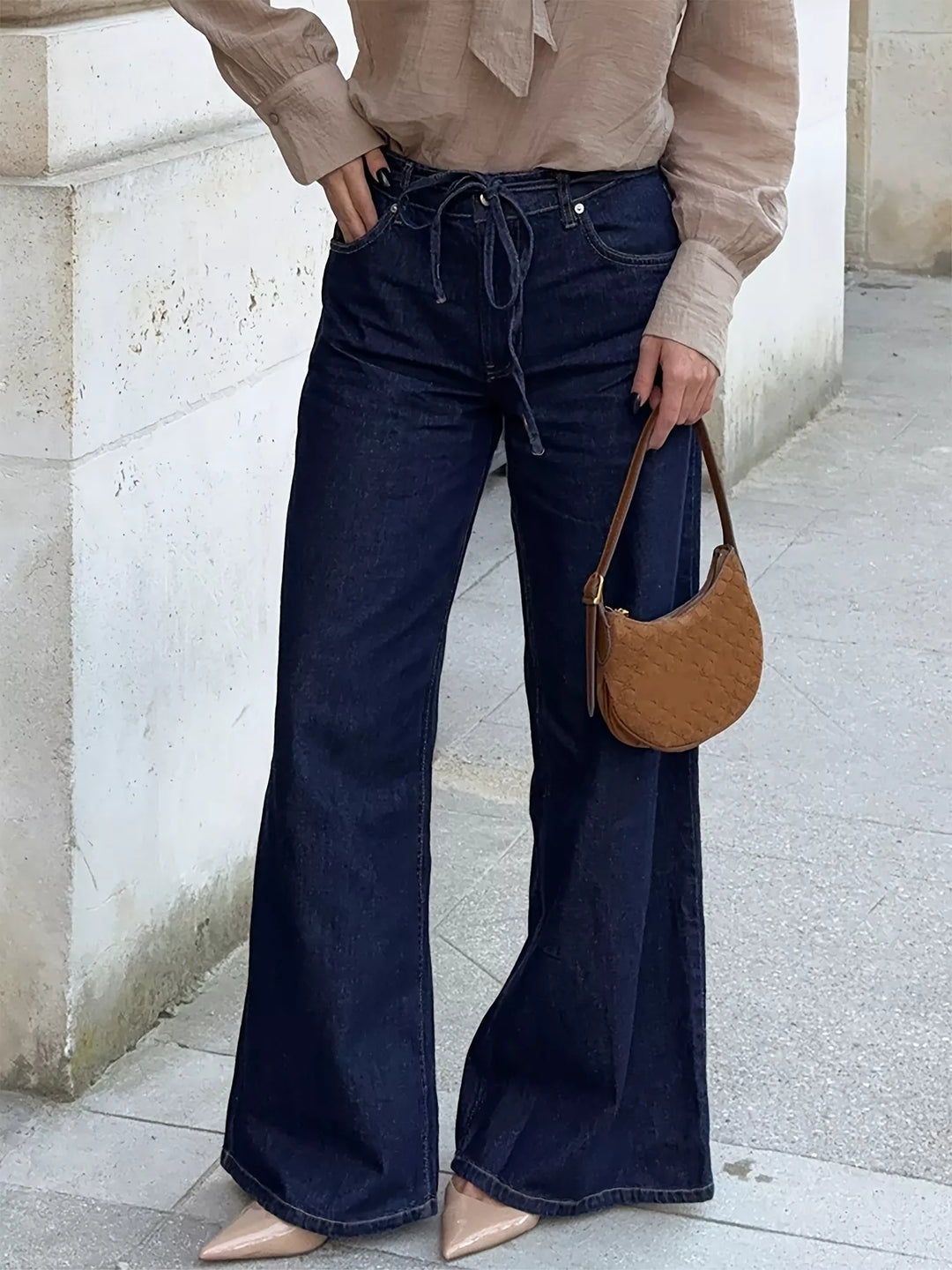 Dark Blue Tied-waist loose flare jeans in rigid cotton denim