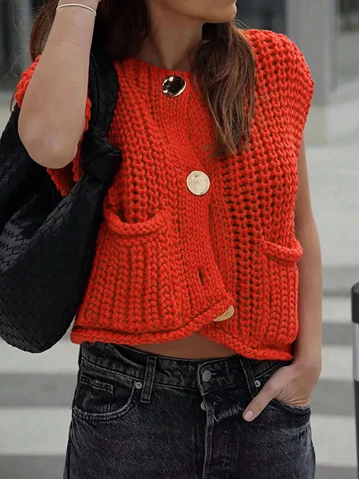 Red Chunky cable knit sweater vest with gold buttons