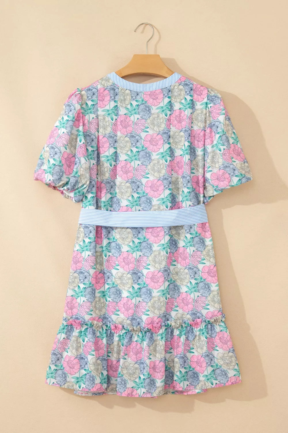 Floral print striped contrast trim belted mini dress