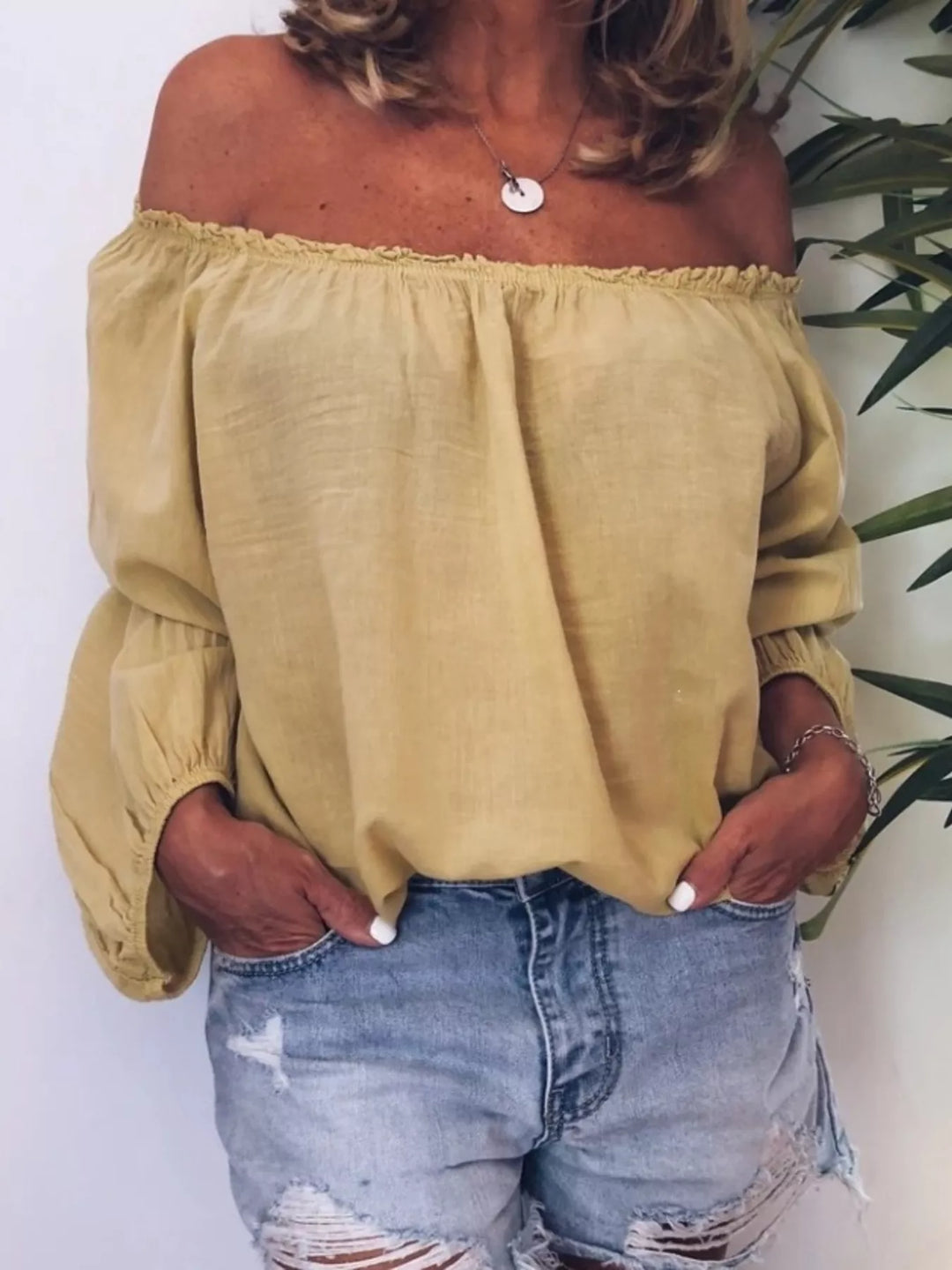 Yellow Off-shoulder ruffle-neck blouse with long puff sleeves