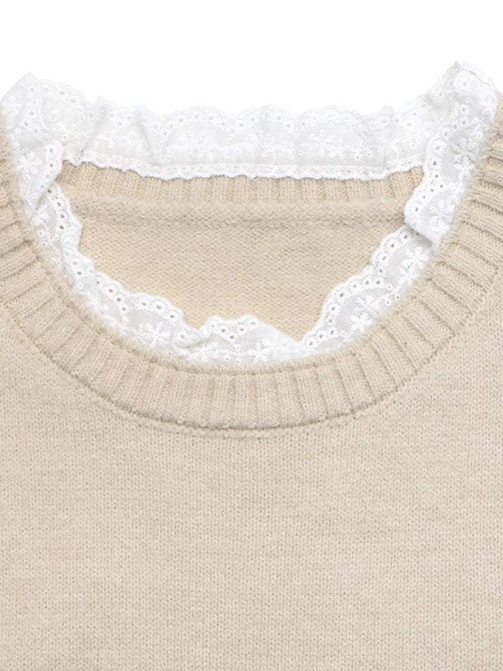 Lace trim crew neck knit sweater with ribbed cuffs