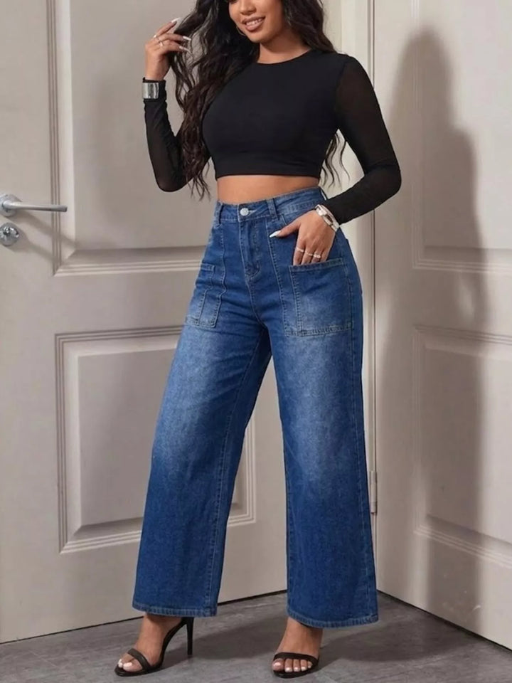 Peacock  Blue High-rise wide leg jeans with patch pockets - Peacock Blue
