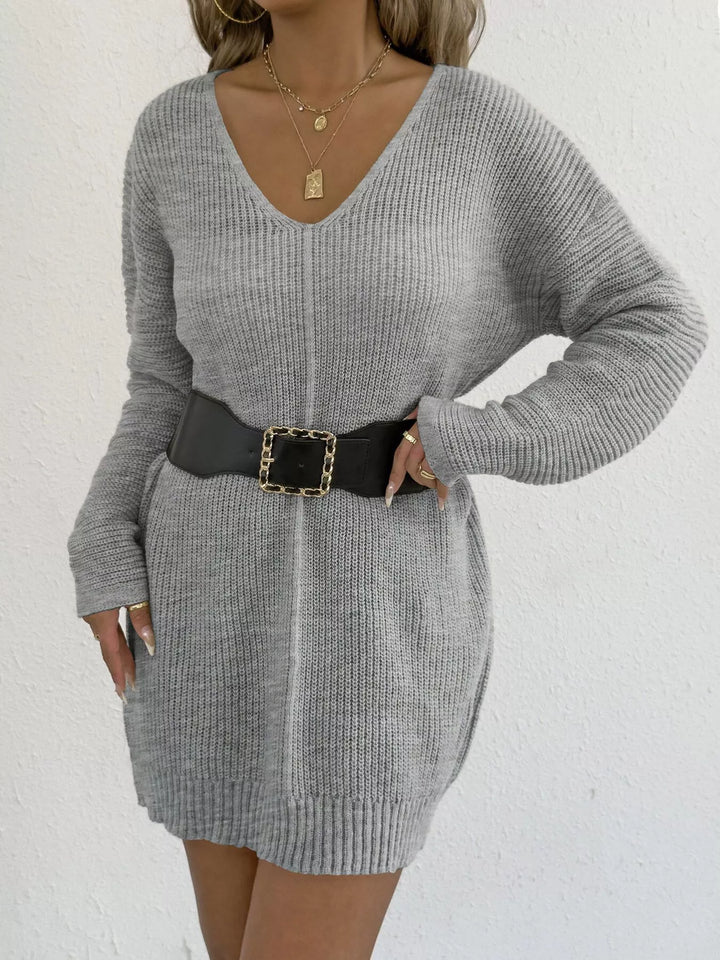 Ribbed knit V-neck sweater dress with center seam