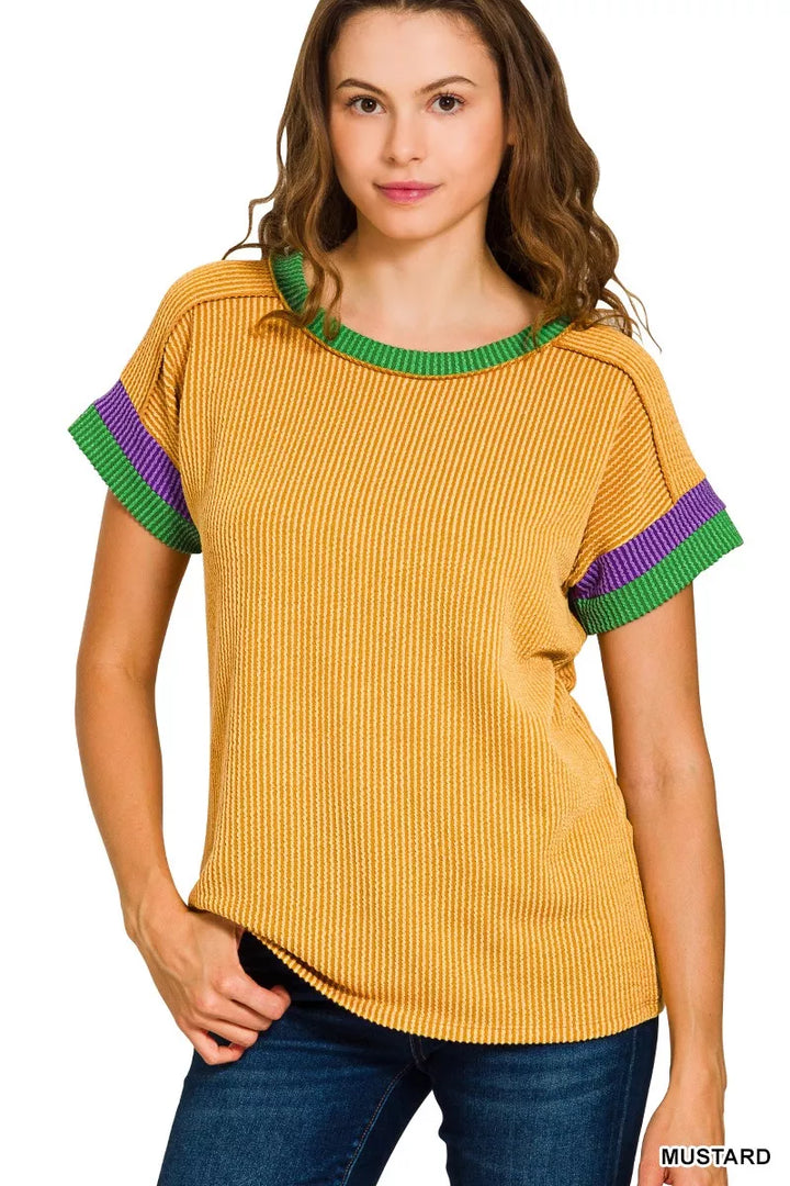 MUSTARD Raised rib short sleeve top with contrast neckline and cuffs