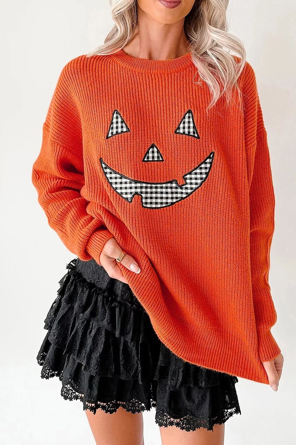 Orange Jack-o-lantern patch drop shoulder Halloween sweater