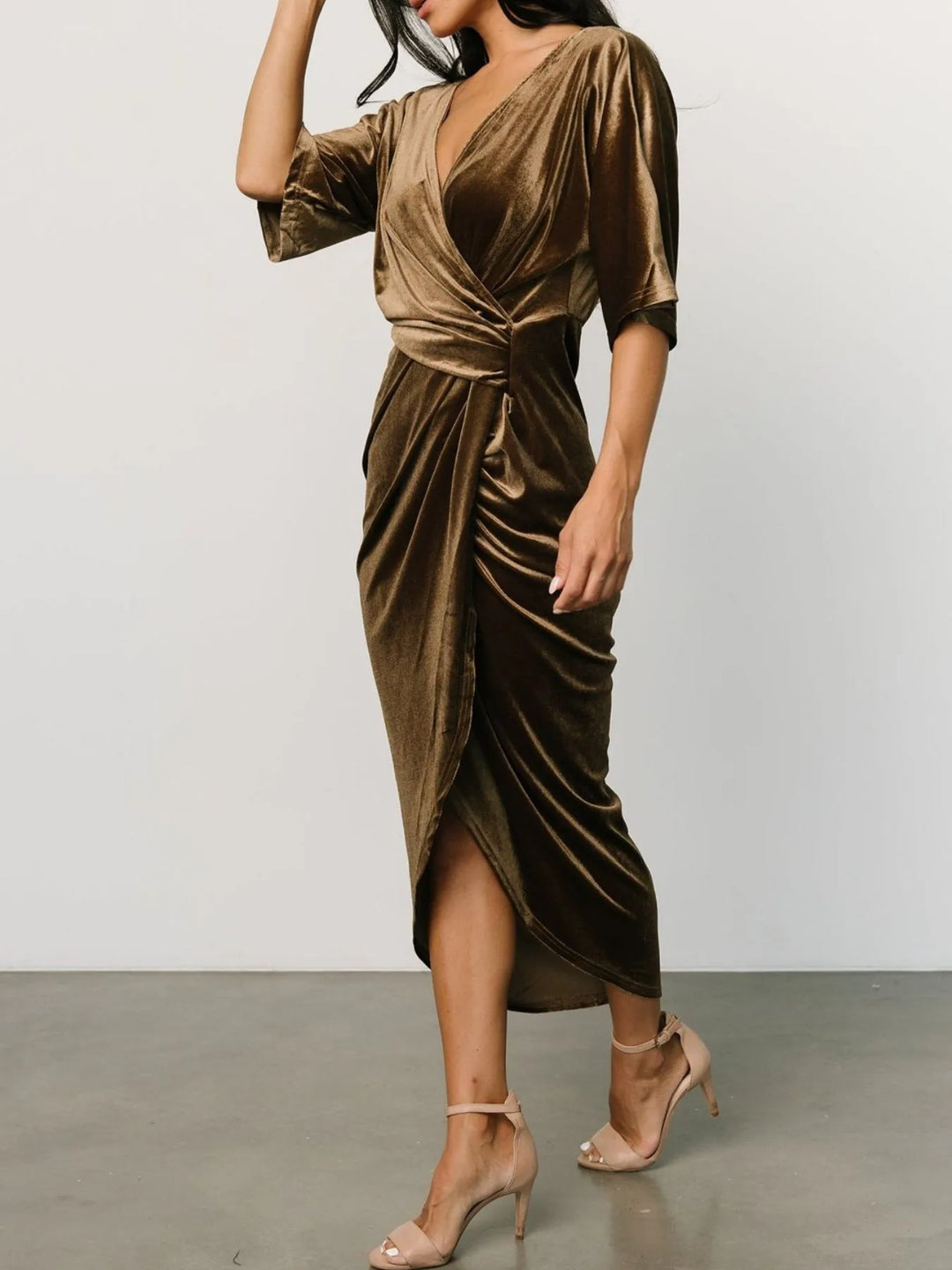 Ruched velvet wrap midi dress with surplice v-neck