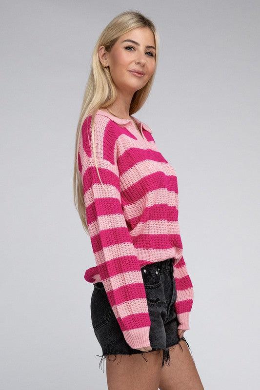 Striped Knit Collared Pullover Sweater - Azoroh