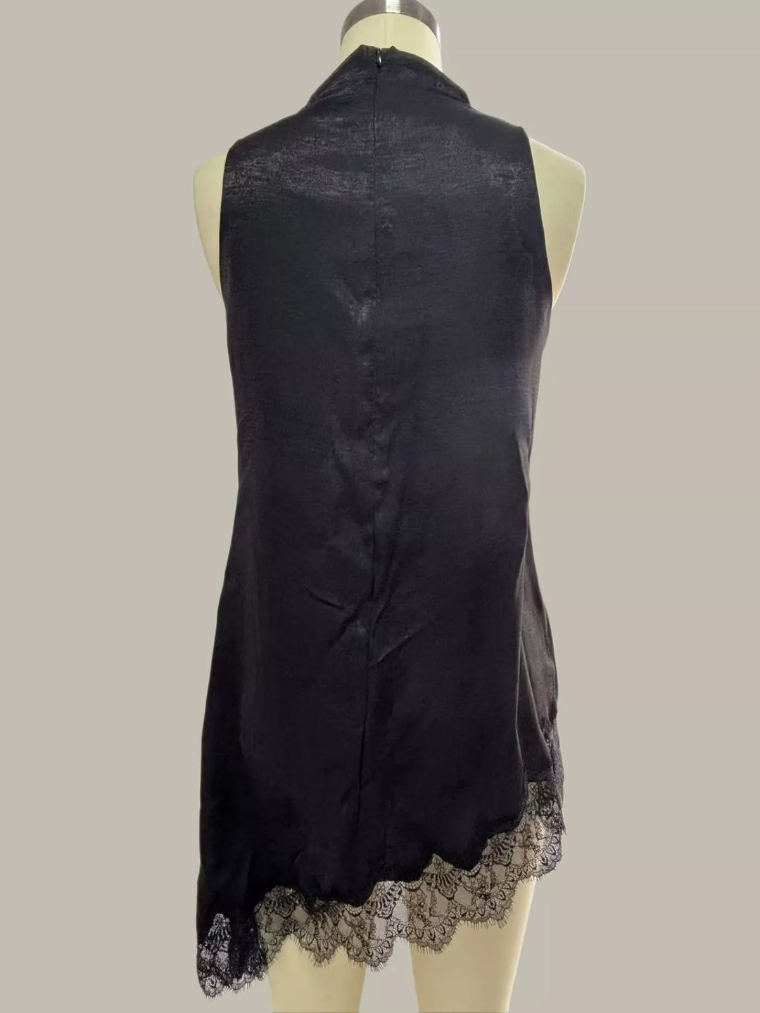 Asymmetric lace-hem satin cami with high cowl neck