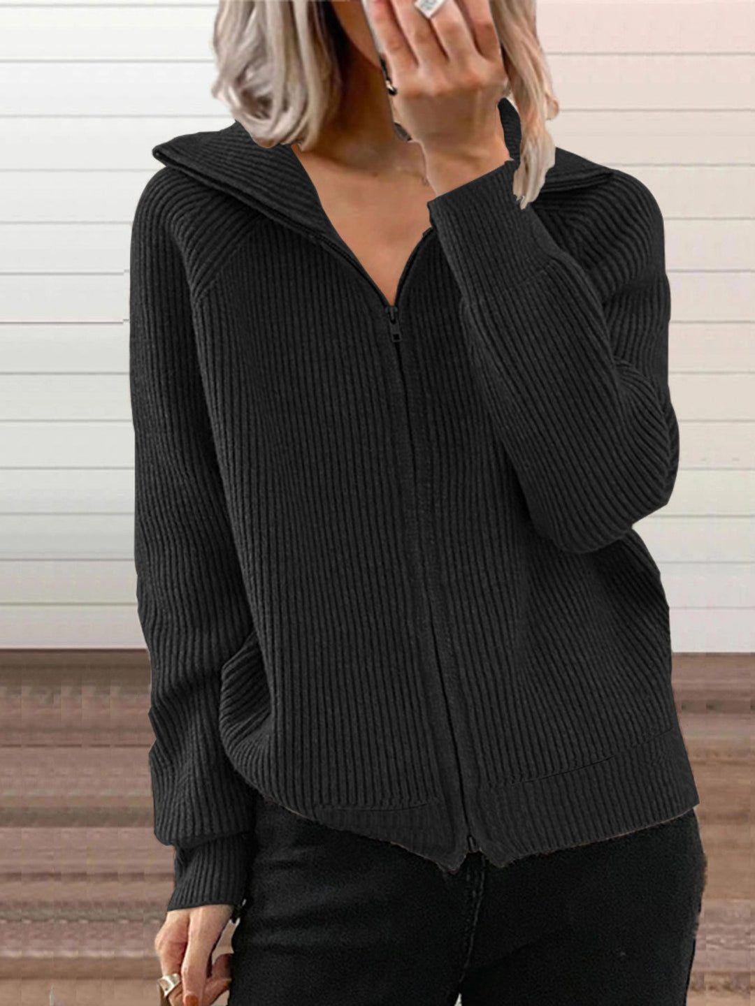 Black Ribbed knit zip-up cardigan with collar and pockets