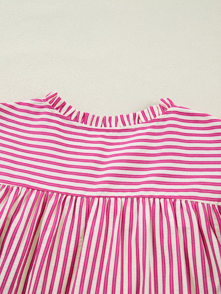 Striped shirred-yoke blouse with ruffled flutter sleeves