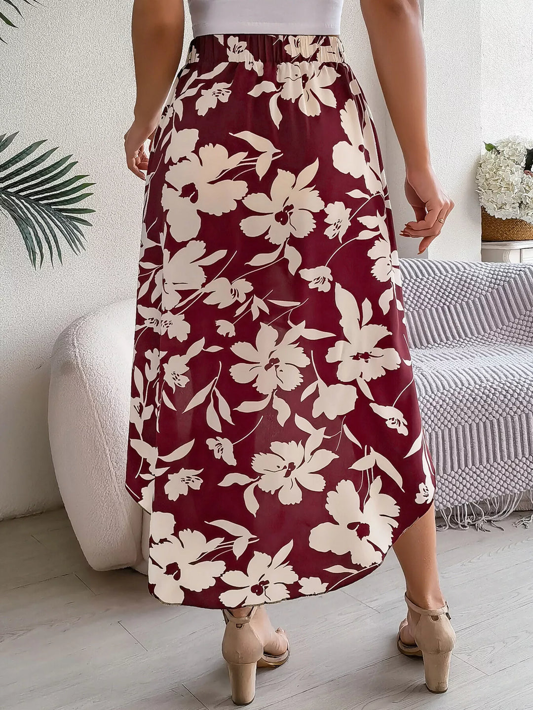 Floral print asymmetrical ruffle hem midi skirt