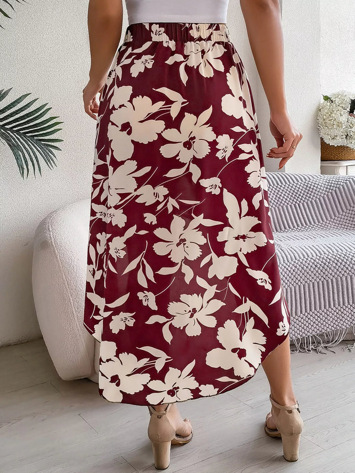 Floral print asymmetrical ruffle hem midi skirt
