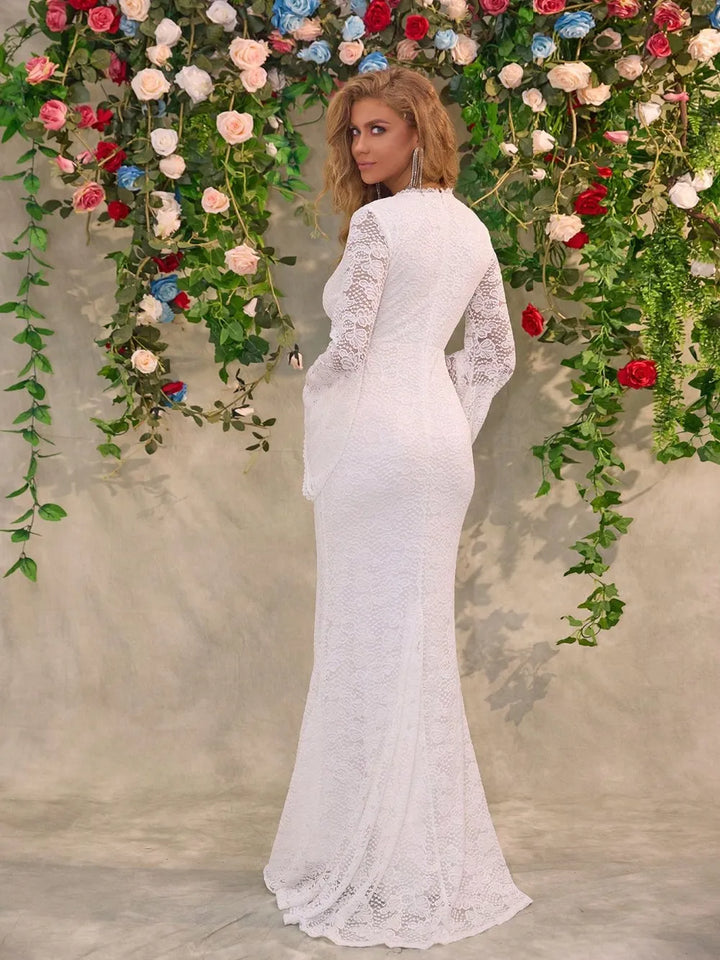 Surplice v-neck lace maxi dress with flare sleeves