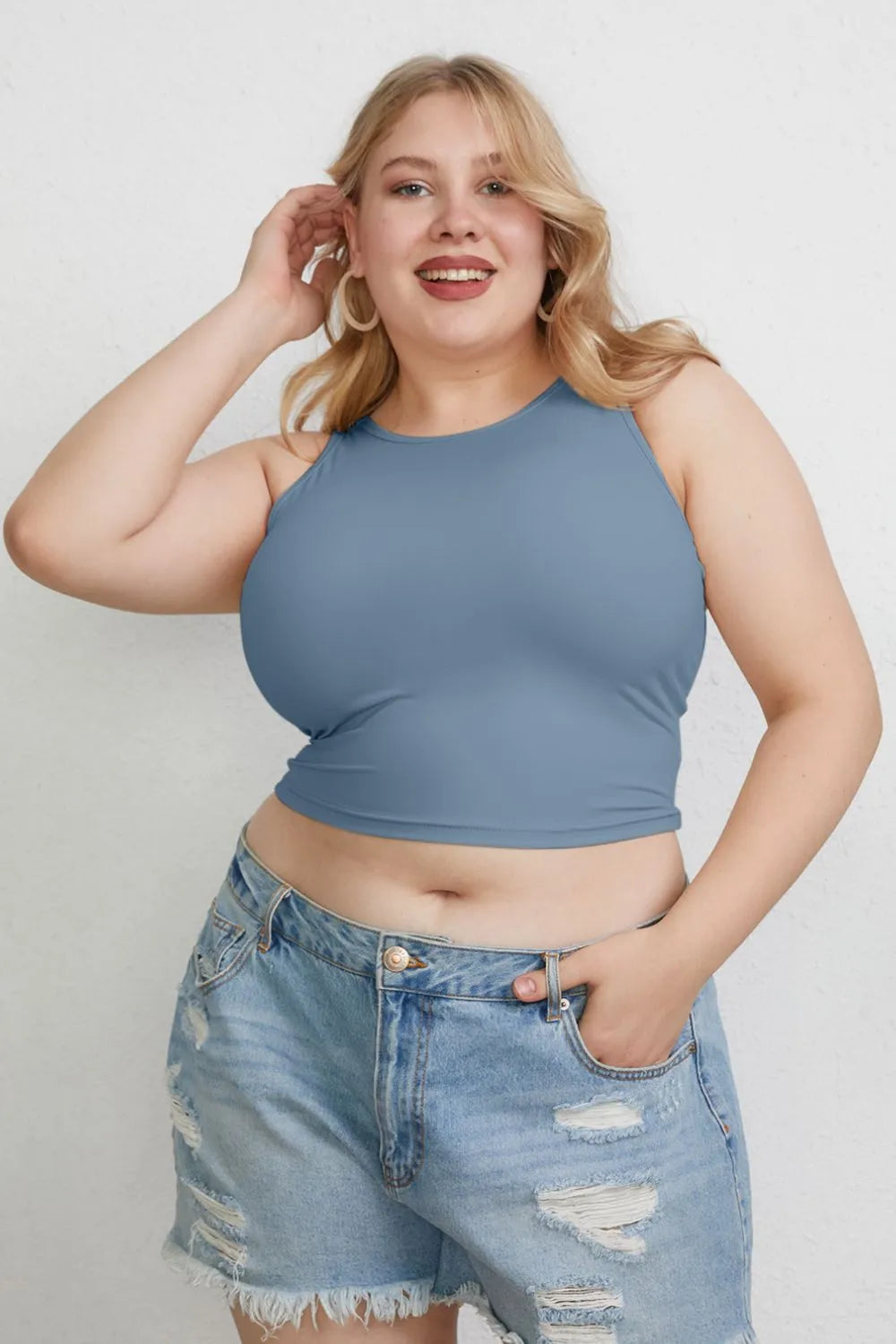 Slim-fit round neck tank top with high neckline