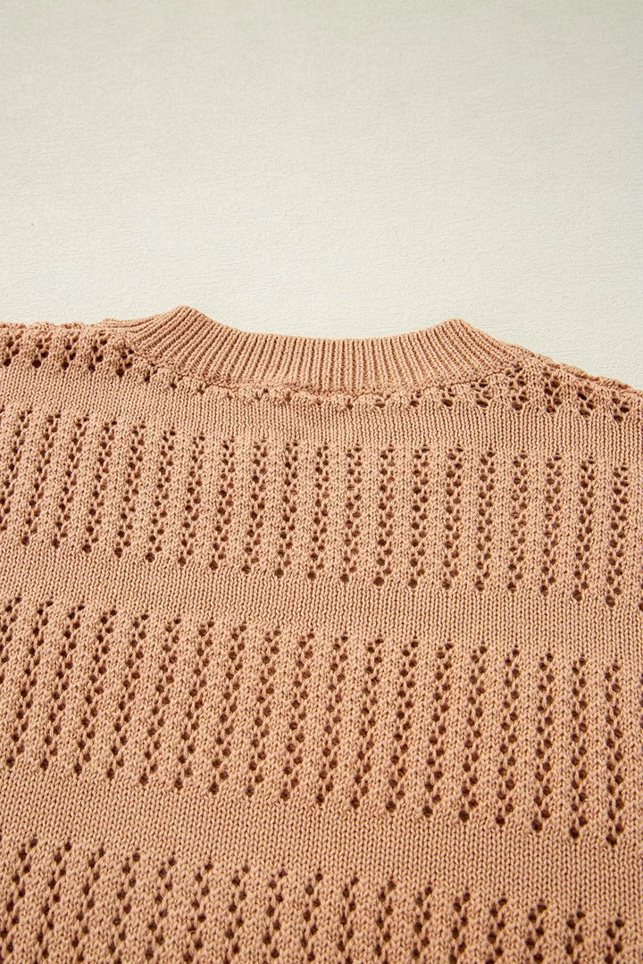 Openwork striped knit pullover with crew neck and short sleeves