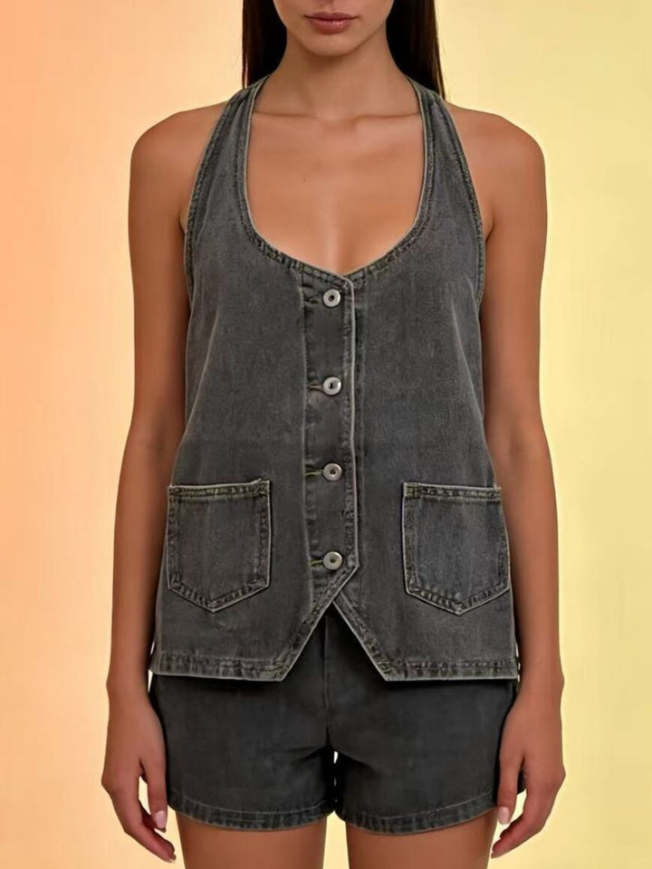Gray Halter neck button-down denim vest with patch pockets