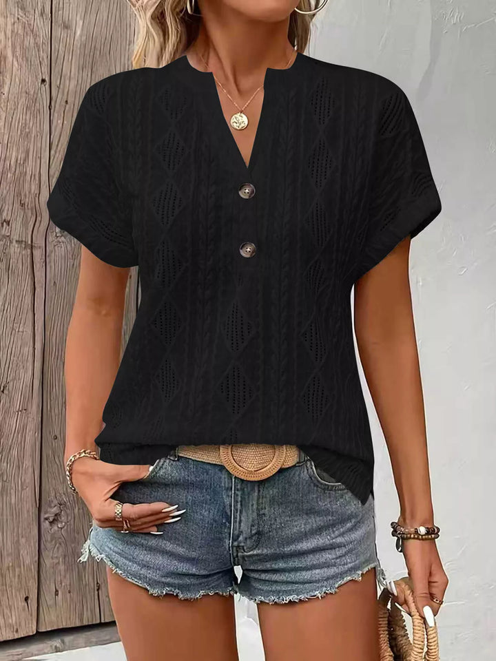 Black Diamond pointelle knit split-neck top with buttons