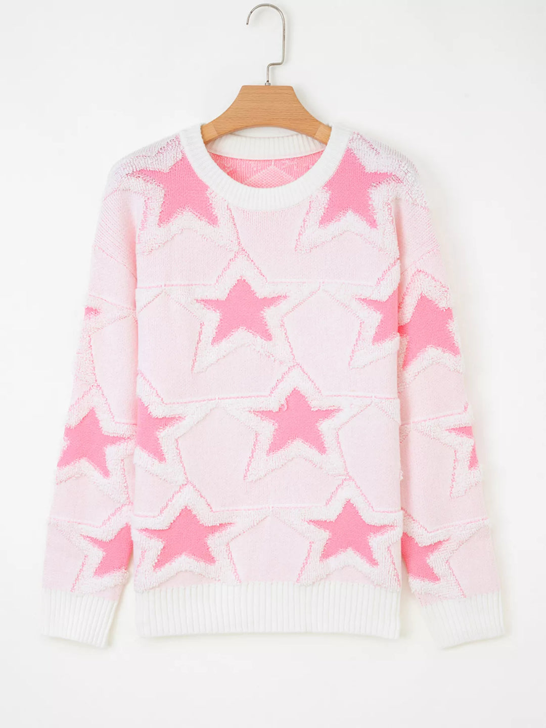 Oversized star knit sweater with drop shoulders and ribbed trim
