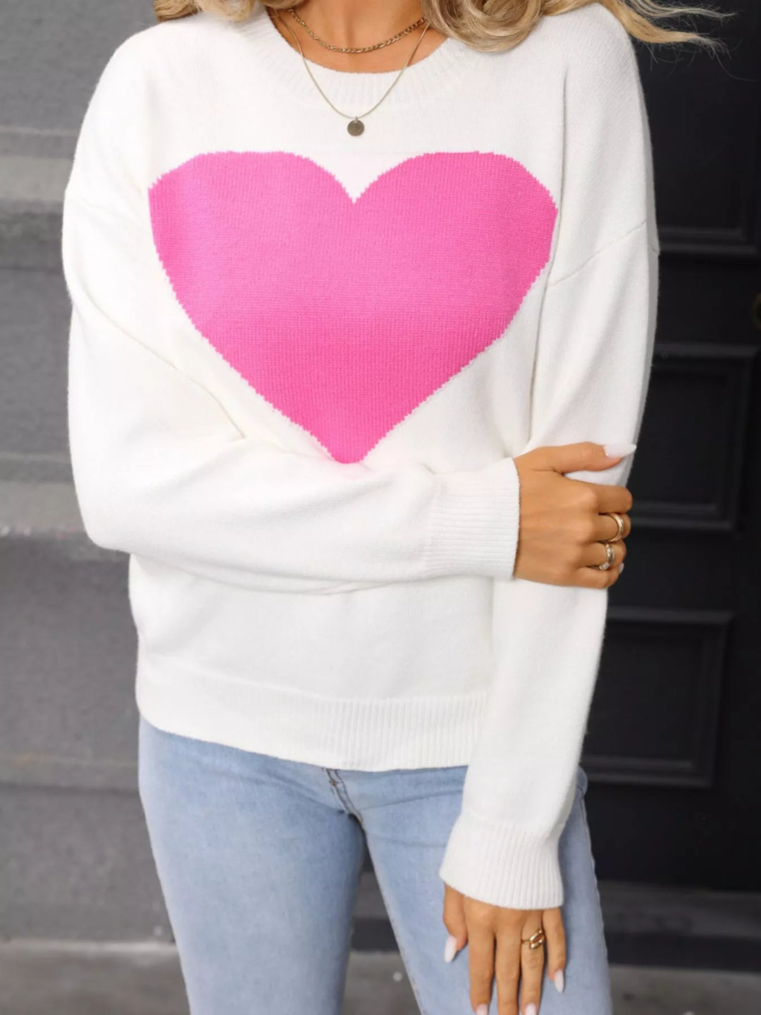 Heart intarsia dropped-shoulder crewneck sweater