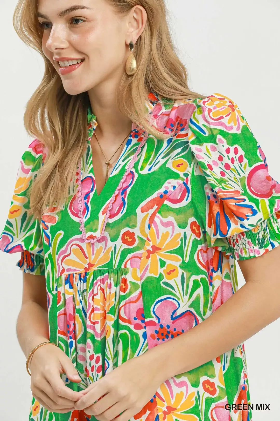Floral print puff sleeve tiered midi dress with pockets