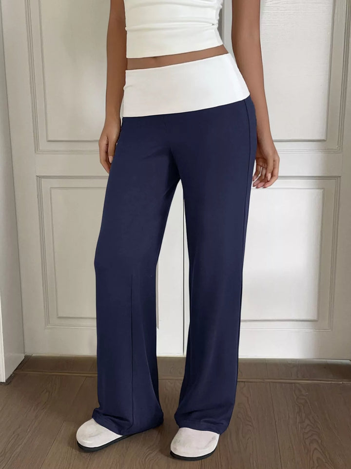 Navy Contrast foldover waistband wide-leg pants