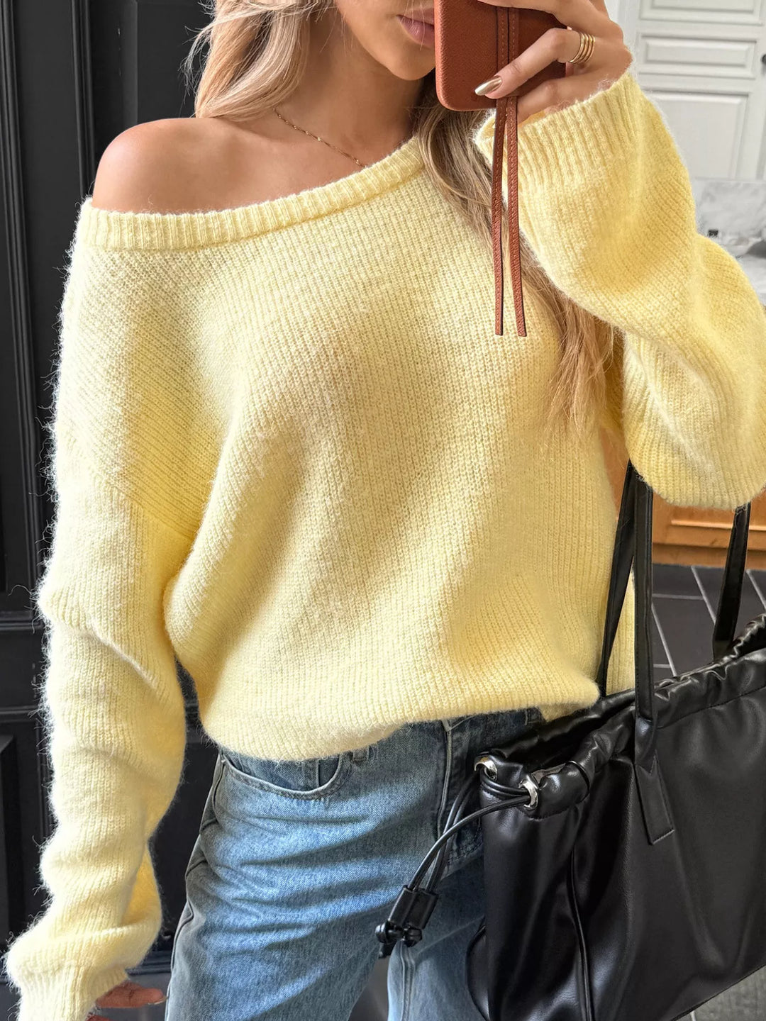 One-shoulder ribbed knit pullover sweater