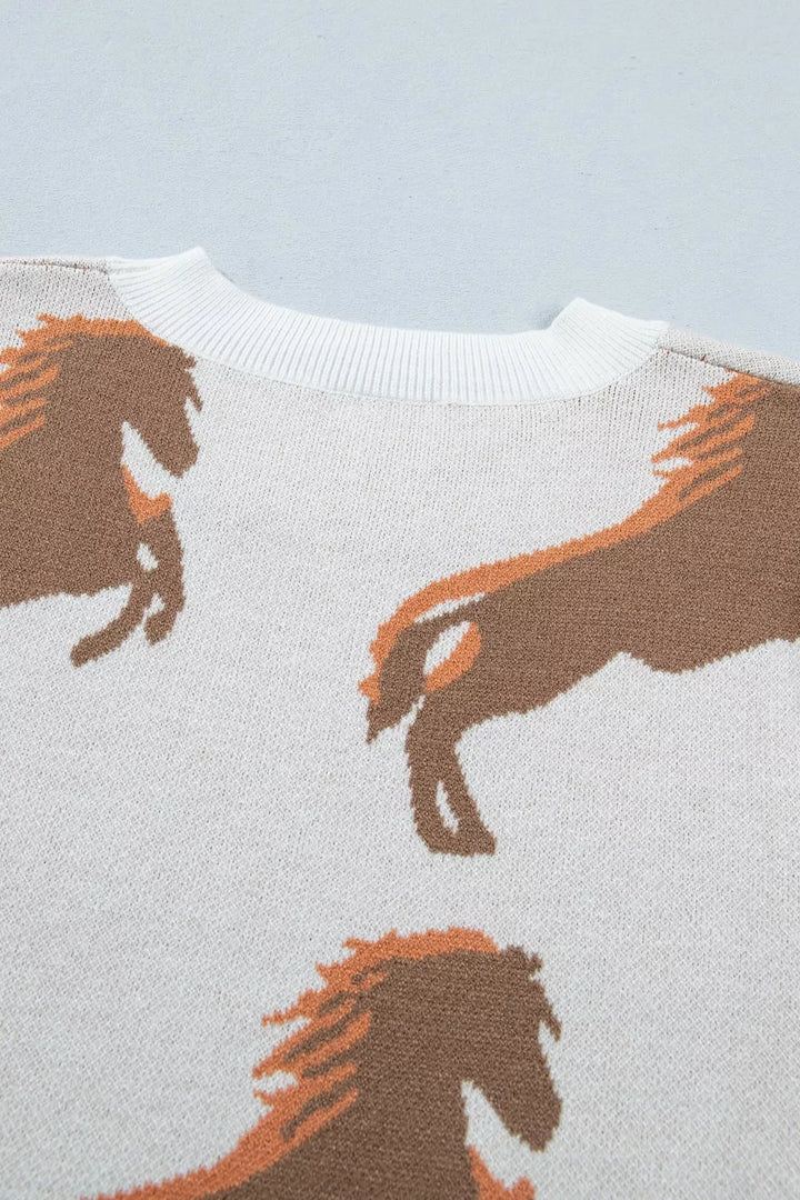 Horse graphic ribbed knit puff sleeve sweater top