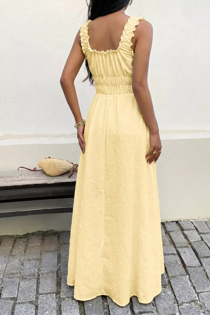 Square-neck smocked-waist maxi dress with ruffle straps