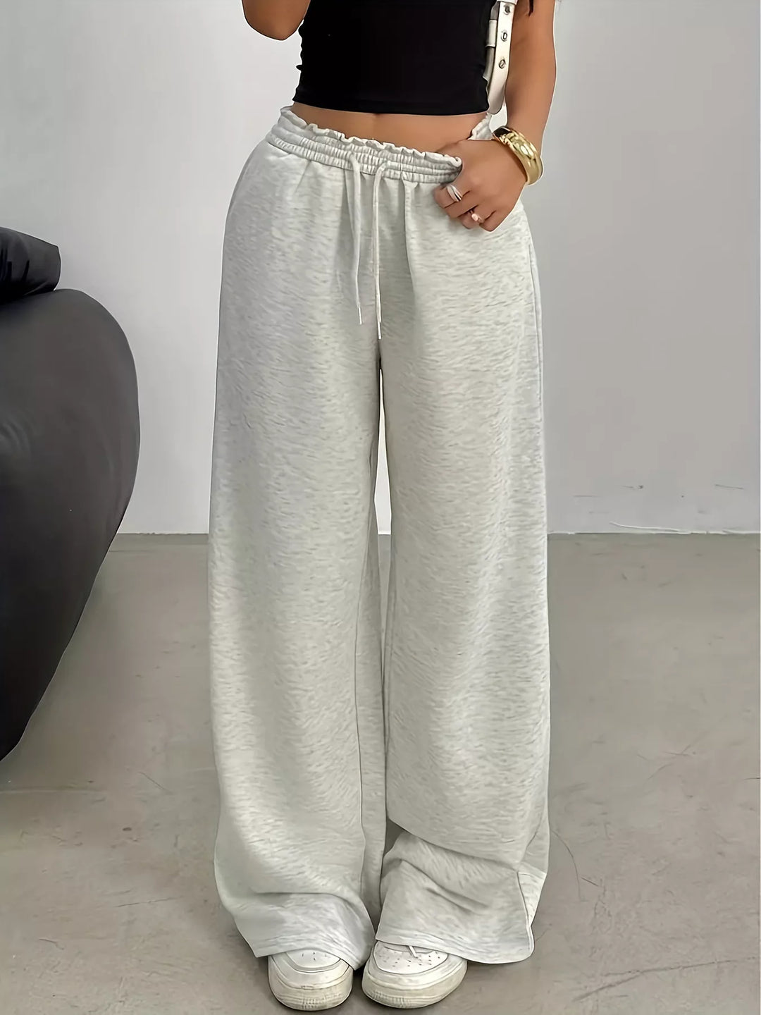 Wide-leg drawstring sweatpants with ruffled elastic waist