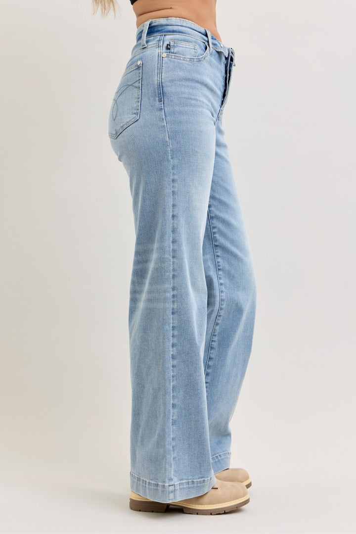 Mid-rise wide leg jeans with fold-over waistband