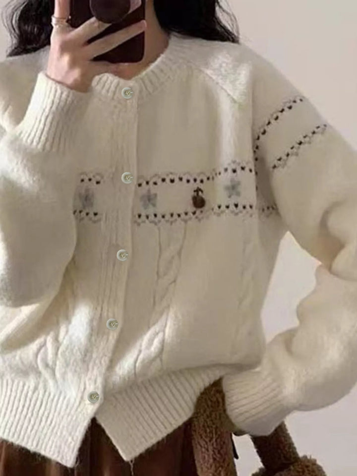 Floral embroidered cable-knit button-up cardigan