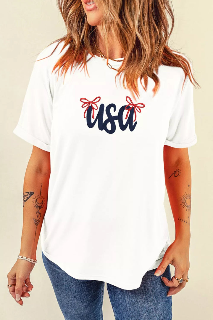 Embroidered USA script tee with red bow detail