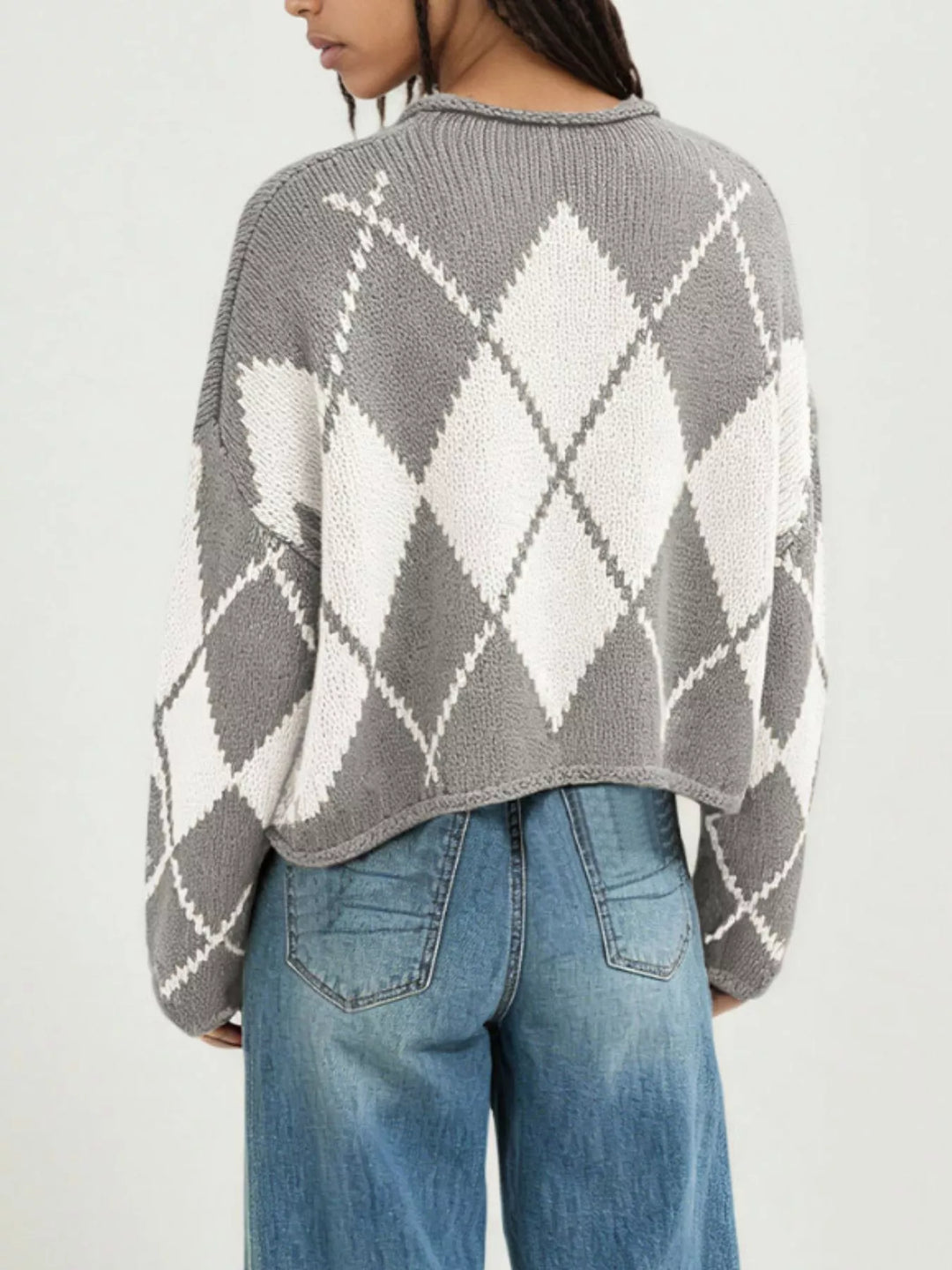 Argyle knit dropped shoulder sweater with ribbed trim