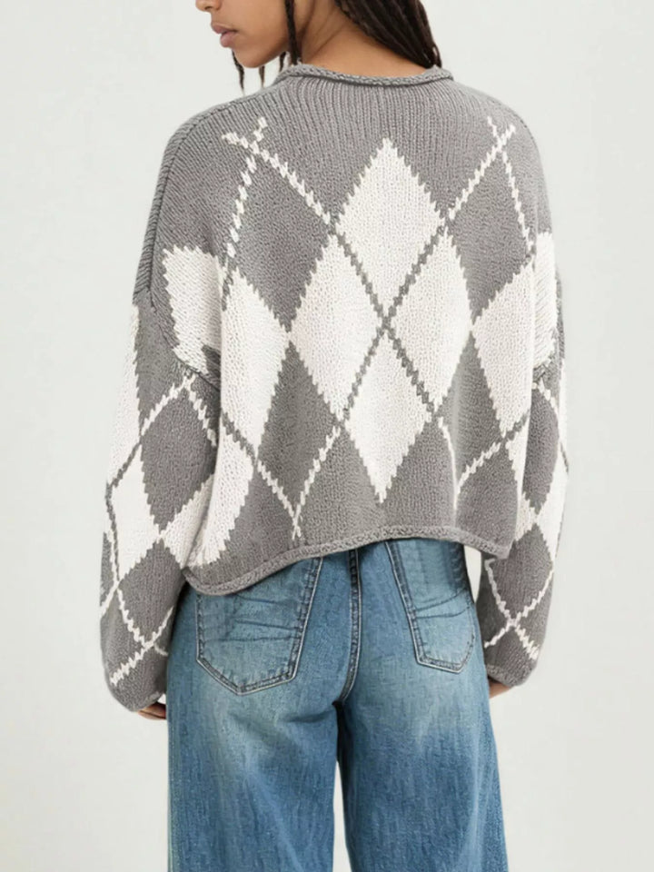Argyle knit dropped shoulder sweater with ribbed trim