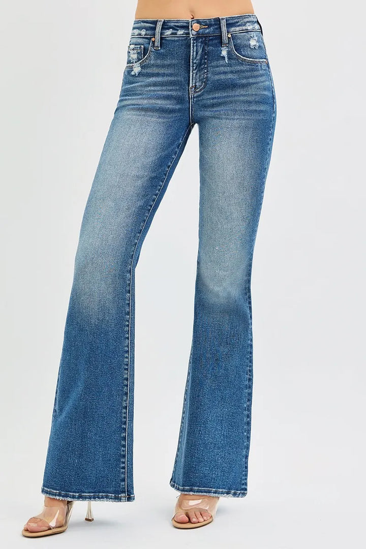 DARK High-rise tummy control flare jeans with distressed waist